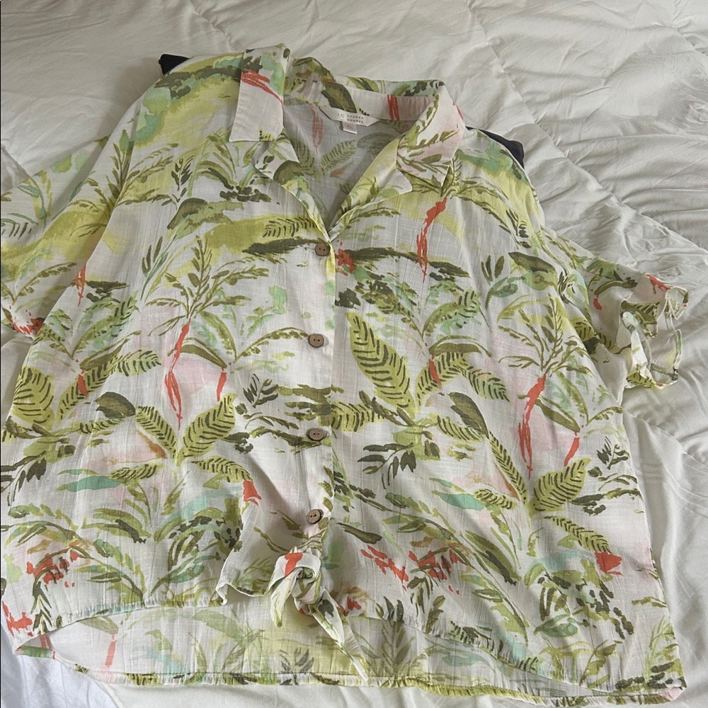 LC Lauren Conrad Leaf Print Button-Up Shirt - Green and Red